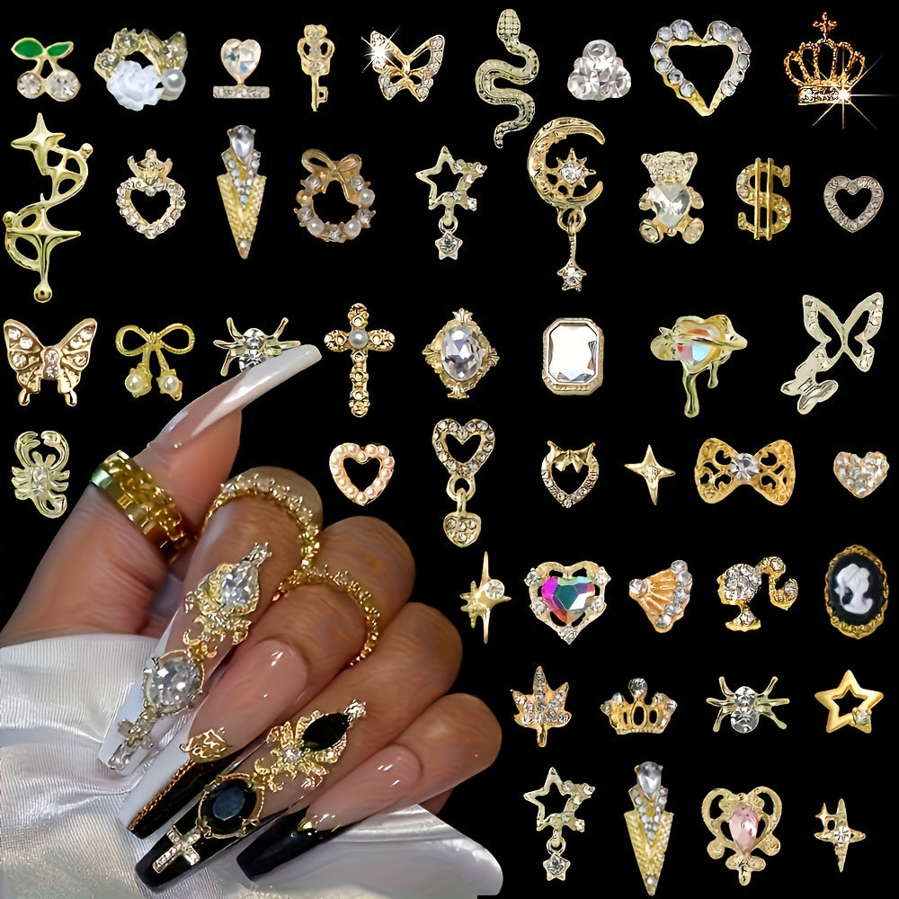 200pcs Elegant Nail Art Jewels, 3D Alloy Nail Jewelry Set, with Rhinestones and Faux Gemstones, Unscented DIY Manicure Accessories